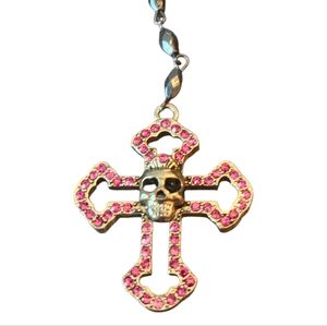 Steve Madden Skull & Cross Rosary Style Necklace w/ Pink Rhinestones